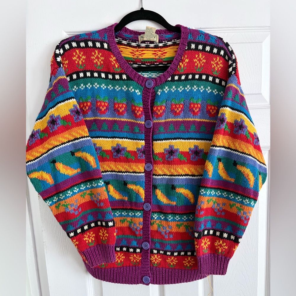 Vintage L.L.Bean Fruit Floral Pattern Knit Cardigan Sweater 80s 90s RARE Size M